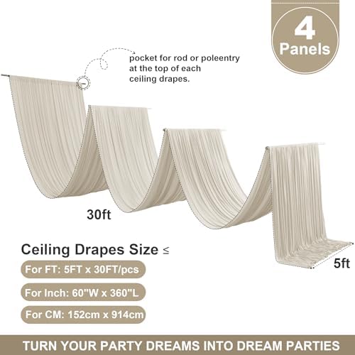 4 Panels 5ftx30ft Beige Ceiling Drapes for Wedding Parties, alternate view 6