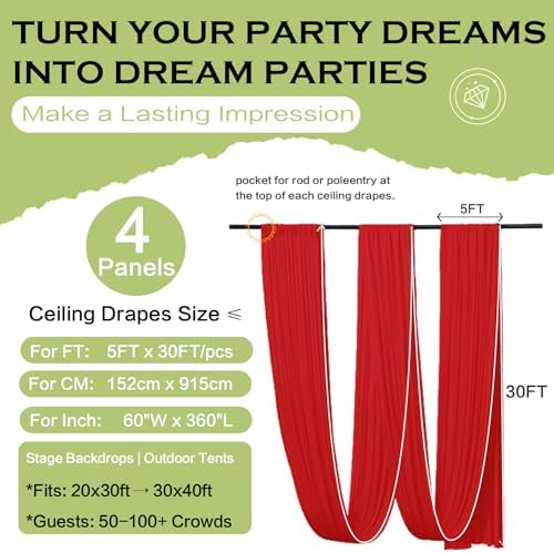 4 Panels 5ftx30ft Red Ceiling Drapes for Christmas Parties, alternate view 6