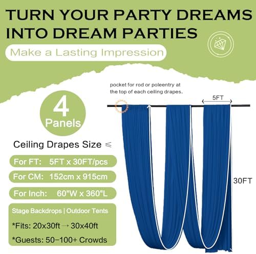 4 Panels 5ftx30ft Royal Blue Ceiling Drapes for Wedding Parties, alternate view 6