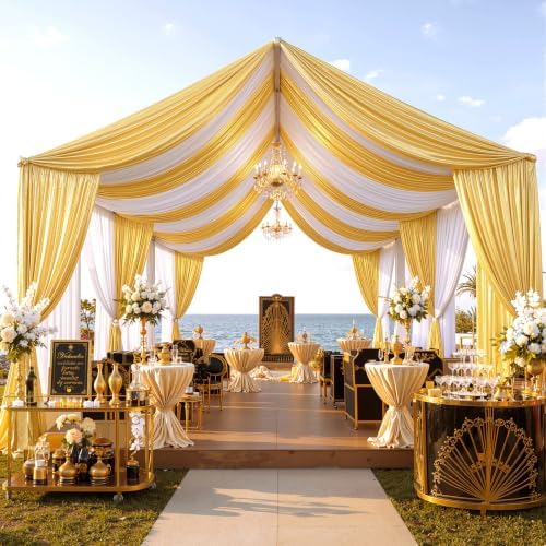 4 Panels 5x20ft Gold Ceiling Drapes for Wedding Parties, Wrinkle Free Thick Polyester 20ft Extra Long Wedding, alternate view