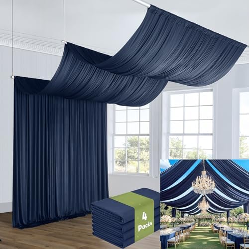 4 Panels 5x20ft Navy Blue Ceiling Drapes for Wedding Parties, Wrinkle Free Thick Polyester 20ft Extra Long