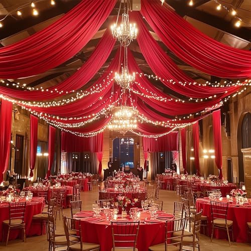 4 Panels 5x20ft Red Ceiling Drapes for Wedding Parties, Wrinkle Free Thick Polyester 20ft Extra Long Wedding