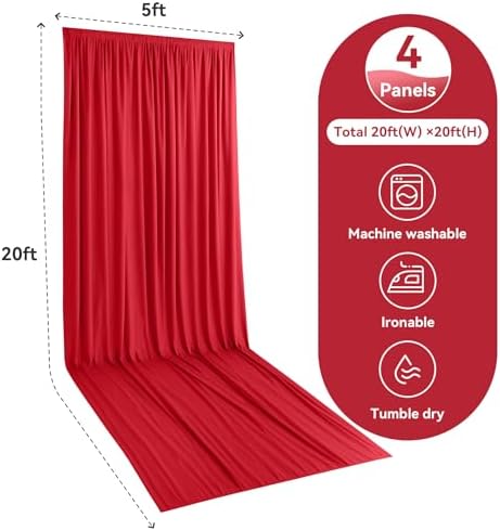 4 Panels 5x20ft Red Ceiling Drapes for Wedding Parties, Wrinkle Free Thick Polyester 20ft Extra Long Wedding, alternate view