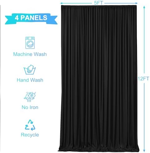4 Panels Black Backdrop Curtains for Wedding Party Wrinkle Free Backdrops Curtain Drapes Fabric Decorations, alternate view 6