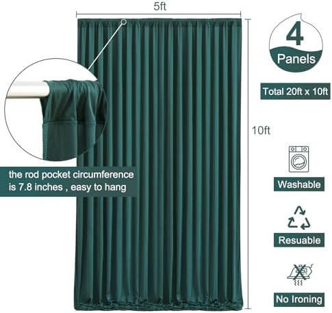4 Panels Hunter Green Backdrop Curtain for Parties Wrinkle Free Dark Green Photo Curtains Backdrop Drapes Fabric, alternate
