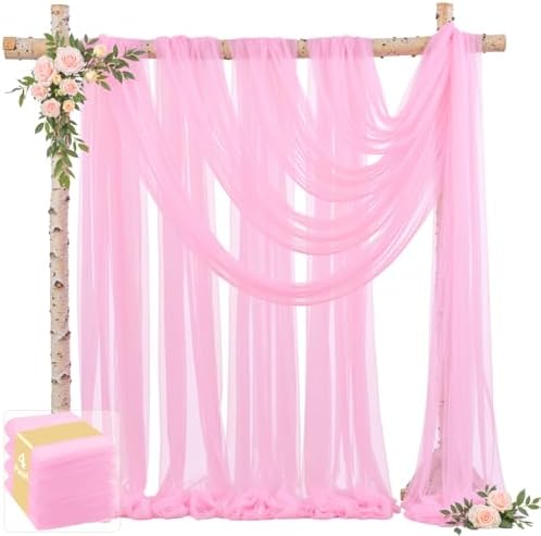 4 Panels Pink Wedding Arch Draping Fabric 30" x 19ft Wedding Drapes Tulle Drapes for Backdrop Sheer Fabric