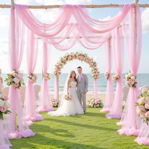 4 Panels Pink Wedding Arch Draping Fabric 30" x 19ft Wedding Drapes Tulle Drapes for Backdrop Sheer Fabric, alternate view 2