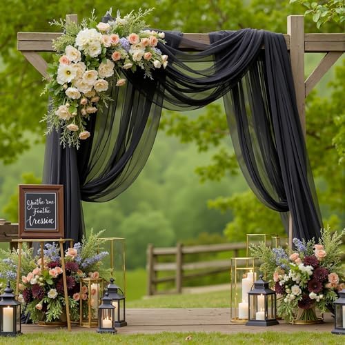 4 Panels Wedding Arch Draping Fabric Black Sheer Backdrop Curtain Arch Drape for Wedding Ceremony Reception