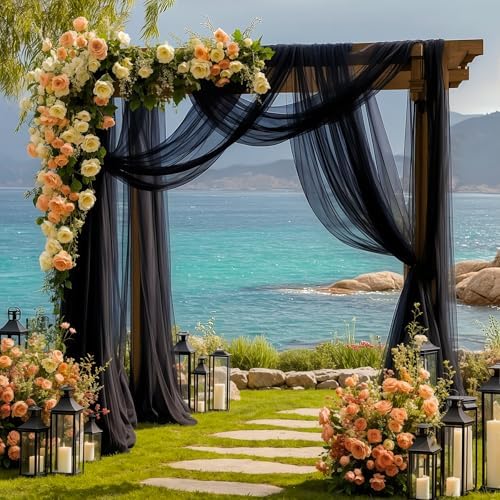 4 Panels Wedding Arch Draping Fabric Black Sheer Backdrop Curtain Arch Drape for Wedding Ceremony Reception, alternate view 2