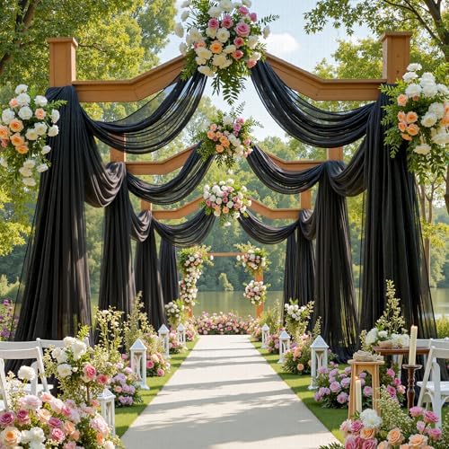 4 Panels Wedding Arch Draping Fabric Black Sheer Backdrop Curtain Arch Drape for Wedding Ceremony Reception, alternate view 3