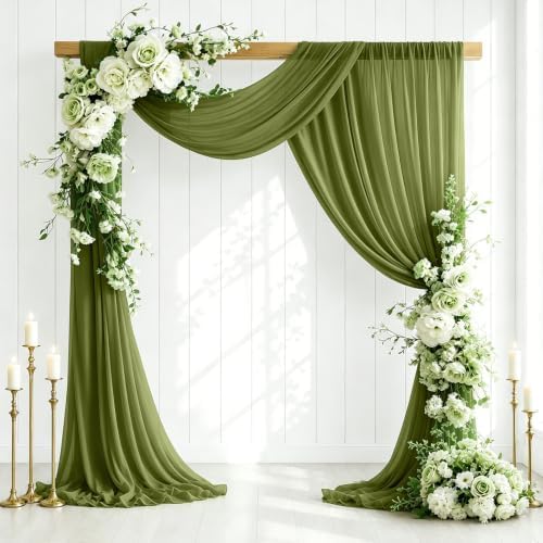 4 Panels Wedding Arch Draping Fabric Olive Green 29" X 20FT Chiffon Sheer Drapes Backdrop for Wedding Ceremony