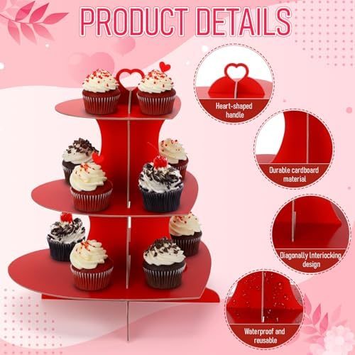 4 Pcs 3-Tier Heart Cupcake Stand Red Cupcake Stands in Red, alternate view 4