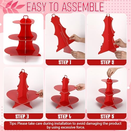 4 Pcs 3-Tier Heart Cupcake Stand Red Cupcake Stands in Red, alternate view 5
