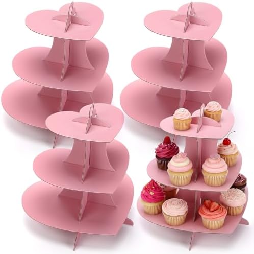 4 Pcs 3 Tier Pink Cupcake Stand Heart Cardboard Cupcake Stand in Pink