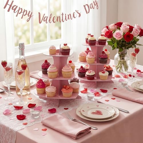 4 Pcs 3 Tier Pink Cupcake Stand Heart Cardboard Cupcake Stand in Pink, alternate view 2