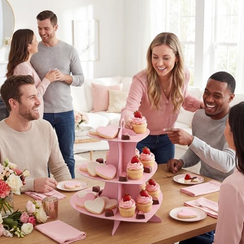 4 Pcs 3 Tier Pink Cupcake Stand Heart Cardboard Cupcake Stand in Pink, alternate view 5