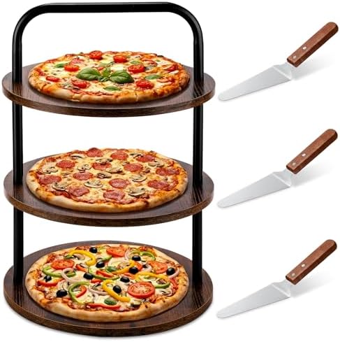 4 Pcs 3-Tier Pizza Stand Wooden Serving Tray with 3 Servers in Large in Brown