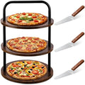 4 Pcs 3-Tier Pizza Stand Wooden Serving Tray with 3 Servers in Large in Brown