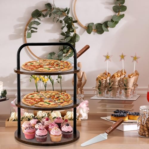 4 Pcs 3-Tier Pizza Stand Wooden Serving Tray with 3 Servers in Large in Brown, alternate view 2