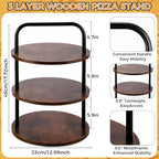 4 Pcs 3-Tier Pizza Stand Wooden Serving Tray with 3 Servers in Large in Brown, alternate view 3