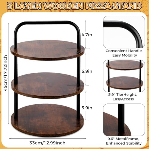 4 Pcs 3-Tier Pizza Stand Wooden Serving Tray with 3 Servers in Large in Brown, alternate view 3