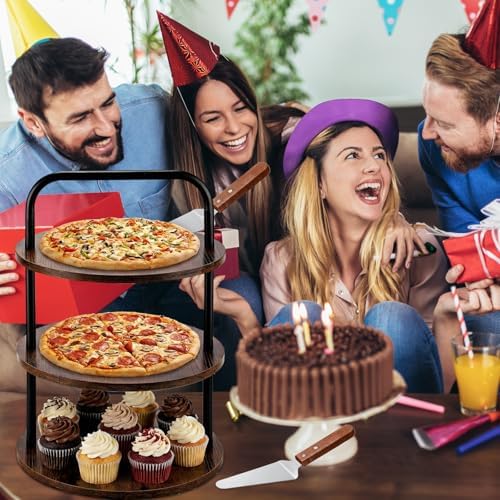 4 Pcs 3-Tier Pizza Stand Wooden Serving Tray with 3 Servers in Large in Brown, alternate view 6