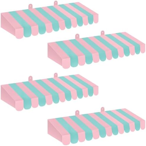 4 Pcs 3D Cardboard Awning Decor, Pink and Green, Striped Style