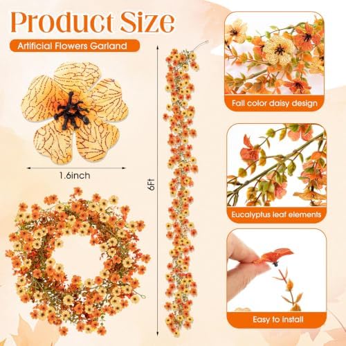 4 Pcs 6ft Fall Artificial Daisy Garland Autumn Hanging Vine Decor, alternate view 2