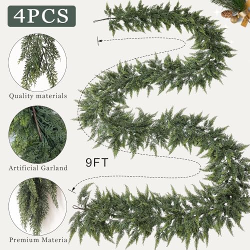 4 Pcs 9 FT Artificial Christmas Cedar Garland for Mantle Home Decoration, alternate view 5