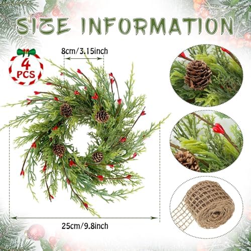 4 Pcs 9 Inch Christmas Wreaths for Kitchen Cabinet Artificial Cedar Pine Hanging Wreath with Red Berries Pine, alternate view