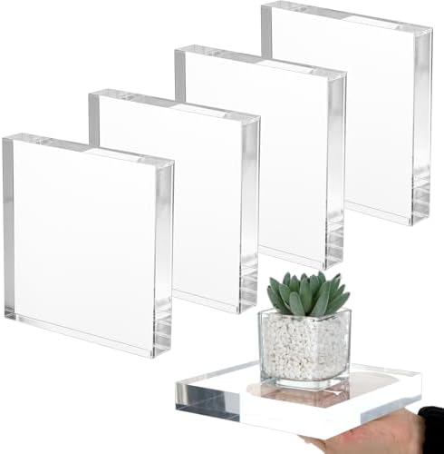 4 PCS Acrylic Display Blocks 6 x 6 x 1 Inches Clear Polished Acrylic Cube Riser Square Base Stand Solid Pedestal
