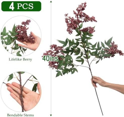 4 Pcs Artificial Berry Stem for Vase, 40In Faux Nandina Branches Fall Floral Picks Fake Realistic Berry Spray, alternate view