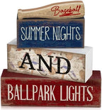 4 Pcs Baseball Wooden Blocks Sign with Bat, Blue White Red