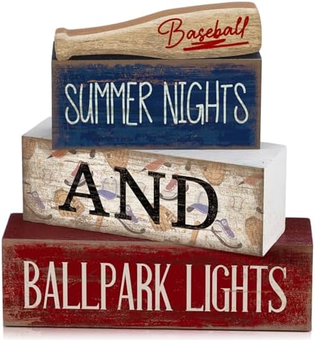 4 Pcs Baseball Wooden Blocks Sign with Bat, Blue White Red