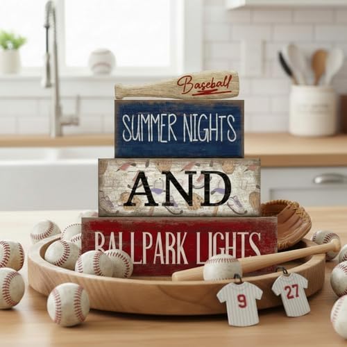 4 Pcs Baseball Wooden Blocks Sign with Bat, Blue White Red, alternate view 2