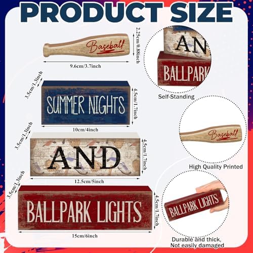 4 Pcs Baseball Wooden Blocks Sign with Bat, Blue White Red, alternate view 4