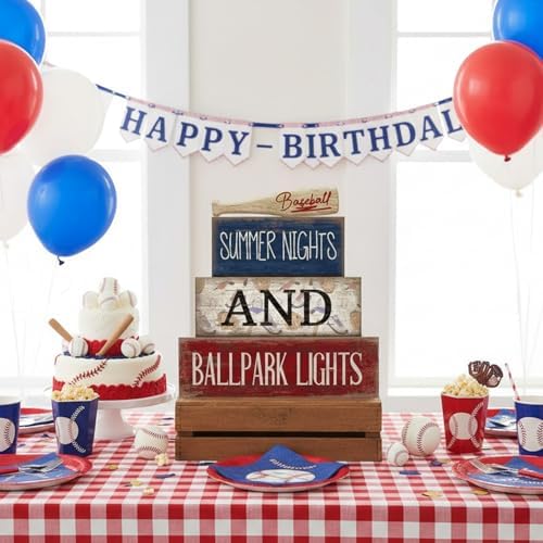 4 Pcs Baseball Wooden Blocks Sign with Bat, Blue White Red, alternate view 5