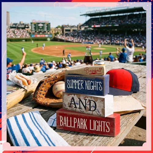 4 Pcs Baseball Wooden Blocks Sign with Bat, Blue White Red, alternate view 6