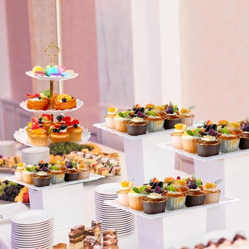 4 Pcs Buffet Risers with Cupcake Stand Holder Tray, Transparent in Transparent, alternate view 2