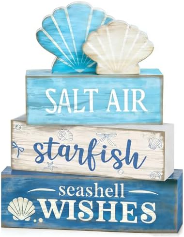 4 Pcs Coastal Summer Beach Tiered Tray Decor Rustic Wooden Nautical Centerpiece Set with Shell Starfish