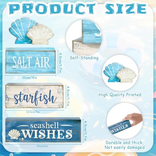 4 Pcs Coastal Summer Beach Tiered Tray Decor Rustic Wooden Nautical Centerpiece Set with Shell Starfish, alternate view 2
