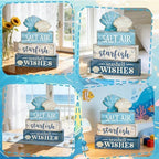 4 Pcs Coastal Summer Beach Tiered Tray Decor Rustic Wooden Nautical Centerpiece Set with Shell Starfish, alternate view 3