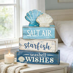 4 Pcs Coastal Summer Beach Tiered Tray Decor Rustic Wooden Nautical Centerpiece Set with Shell Starfish, alternate view 4
