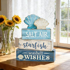 4 Pcs Coastal Summer Beach Tiered Tray Decor Rustic Wooden Nautical Centerpiece Set with Shell Starfish, alternate view 5