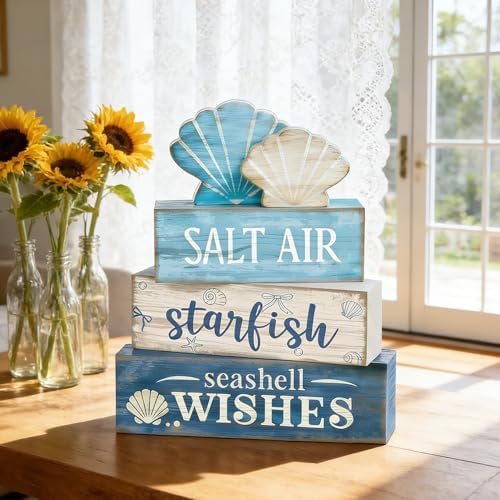 4 Pcs Coastal Summer Beach Tiered Tray Decor Rustic Wooden Nautical Centerpiece Set with Shell Starfish, alternate view 5