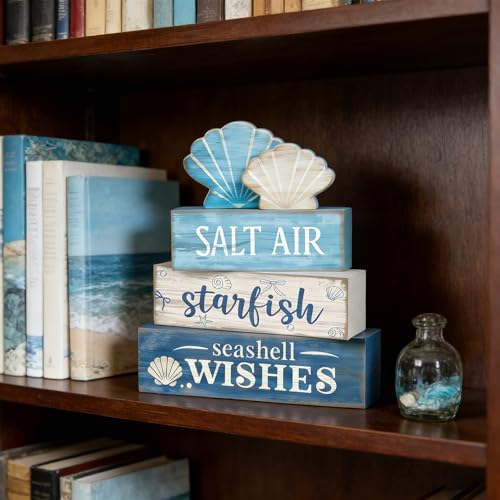4 Pcs Coastal Summer Beach Tiered Tray Decor Rustic Wooden Nautical Centerpiece Set with Shell Starfish, alternate view 6
