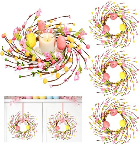 4 Pcs Easter Decorations Small Easter Wreath, 11 Inch Easter Decor Mini Easter Egg Wreaths with Flowers Berries