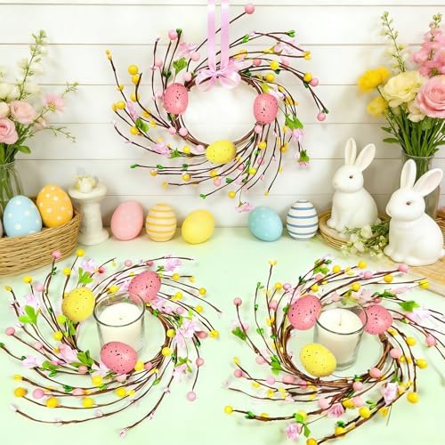 4 Pcs Easter Decorations Small Easter Wreath, 11 Inch Easter Decor Mini Easter Egg Wreaths with Flowers Berries, alternate