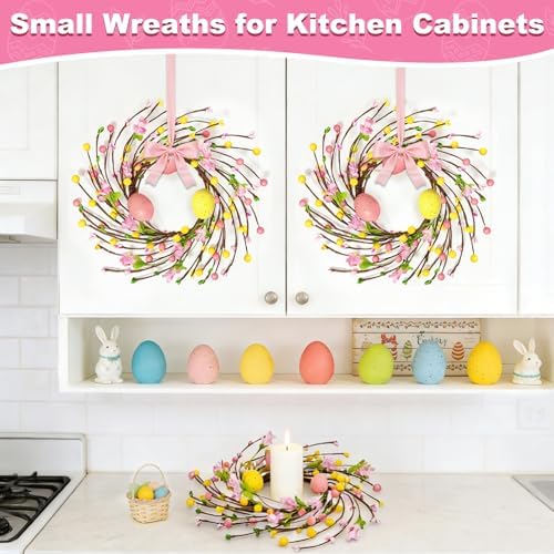 4 Pcs Easter Decorations Small Easter Wreath, 11 Inch Easter Decor Mini Easter Egg Wreaths with Flowers Berries, alternate