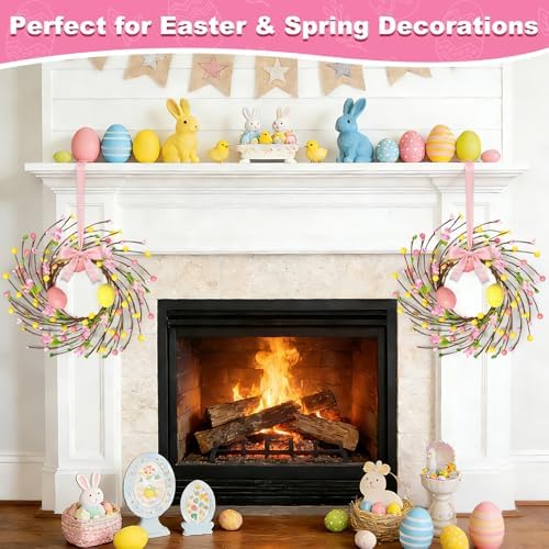 4 Pcs Easter Decorations Small Easter Wreath, 11 Inch Easter Decor Mini Easter Egg Wreaths with Flowers Berries, alternate